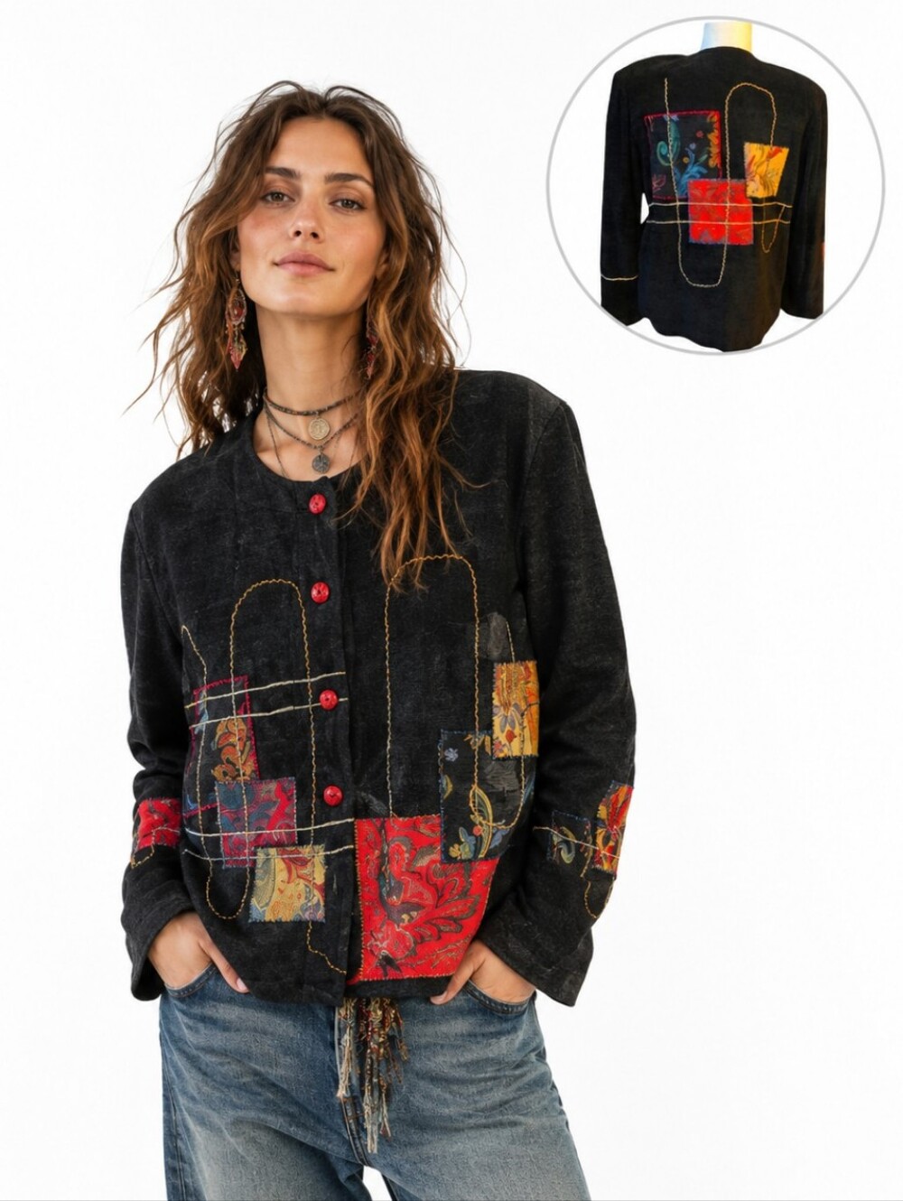 Vtg patchwork Colorful Black Blazer bohemian indie Embellished Art To Wear sz L